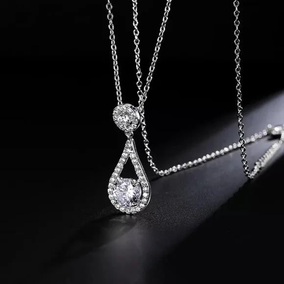 Elegant Silver Tear Drop White Diamond Necklace - Picture 3 of 4